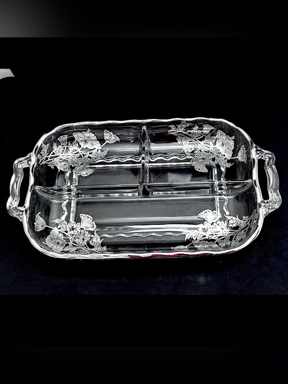 Vtg Silver City Flanders Glass 3-Part Relish Platter Sterling Silver Overlay